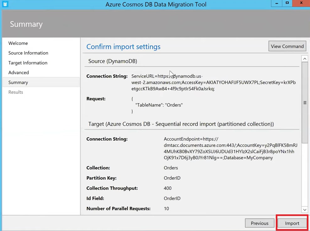 DynamoDB Azure - Import button
